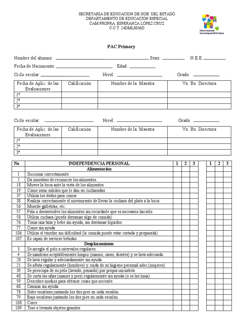 Evaluación PAC Educación Especial | PDF