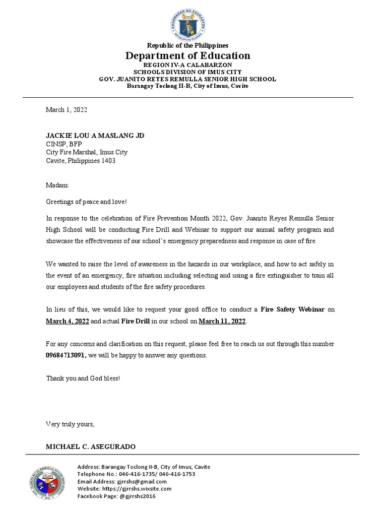 Letter of Request For Fire Drill PDF