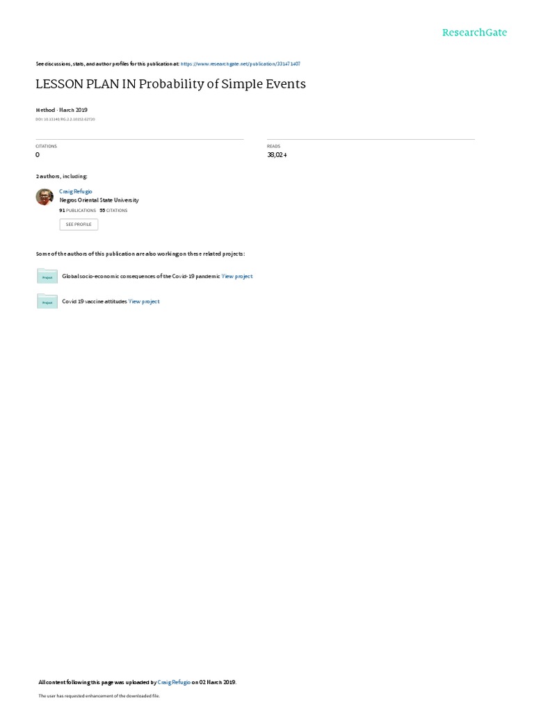LESSON PLAN IN Probability of Simple Events: March 2019 | PDF ...