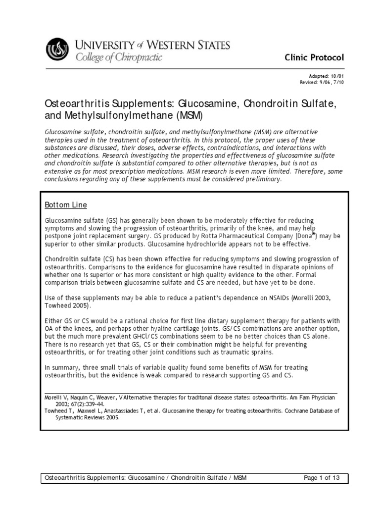 Osteoarthritis Supplements Glucosamine, Chondroitin Sulfate, and MSM