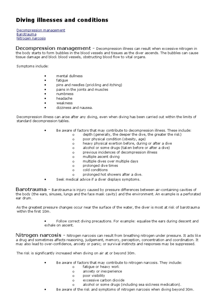 Diving Illnesses and Conditions PDF Underwater Diving Medicine