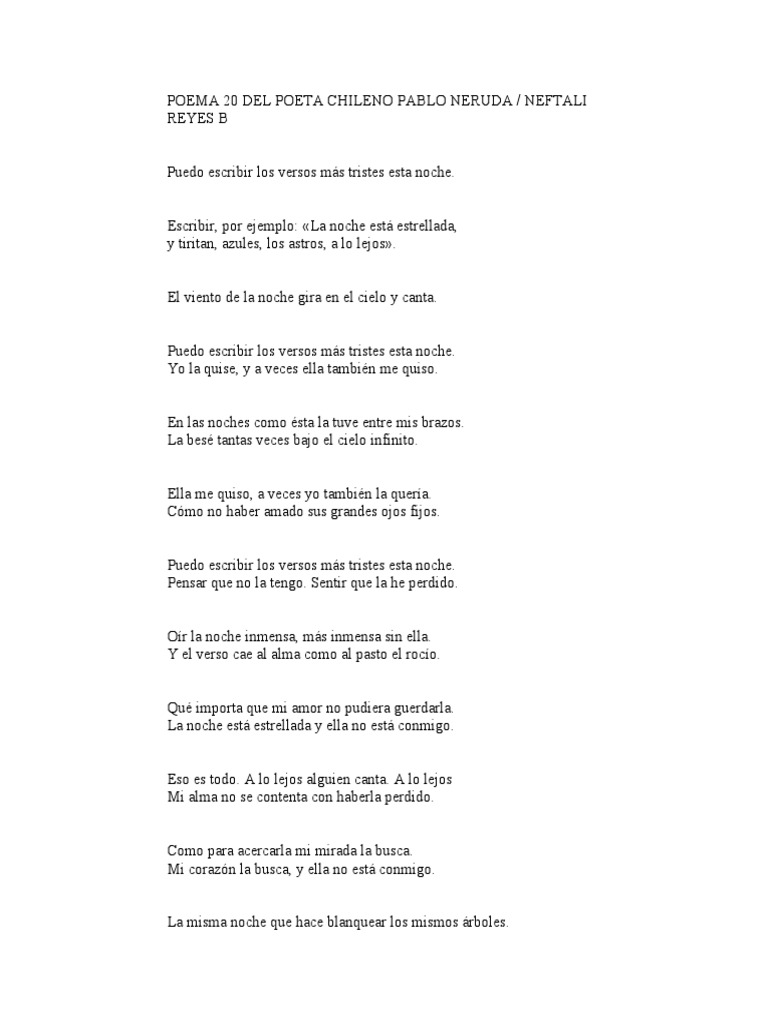 Poema 20 Del Poeta Chileno Neftali Reyes | PDF | Arte | Ficción general