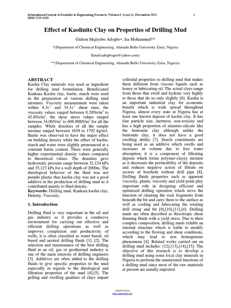 Effect of Kaolinite Clay On Properties of Drilling Mud | PDF ...