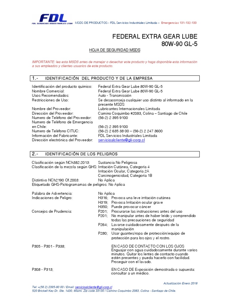 MsdsFederal Extra Gear Lube 80W90 GL5 PDF Combustión Dióxido