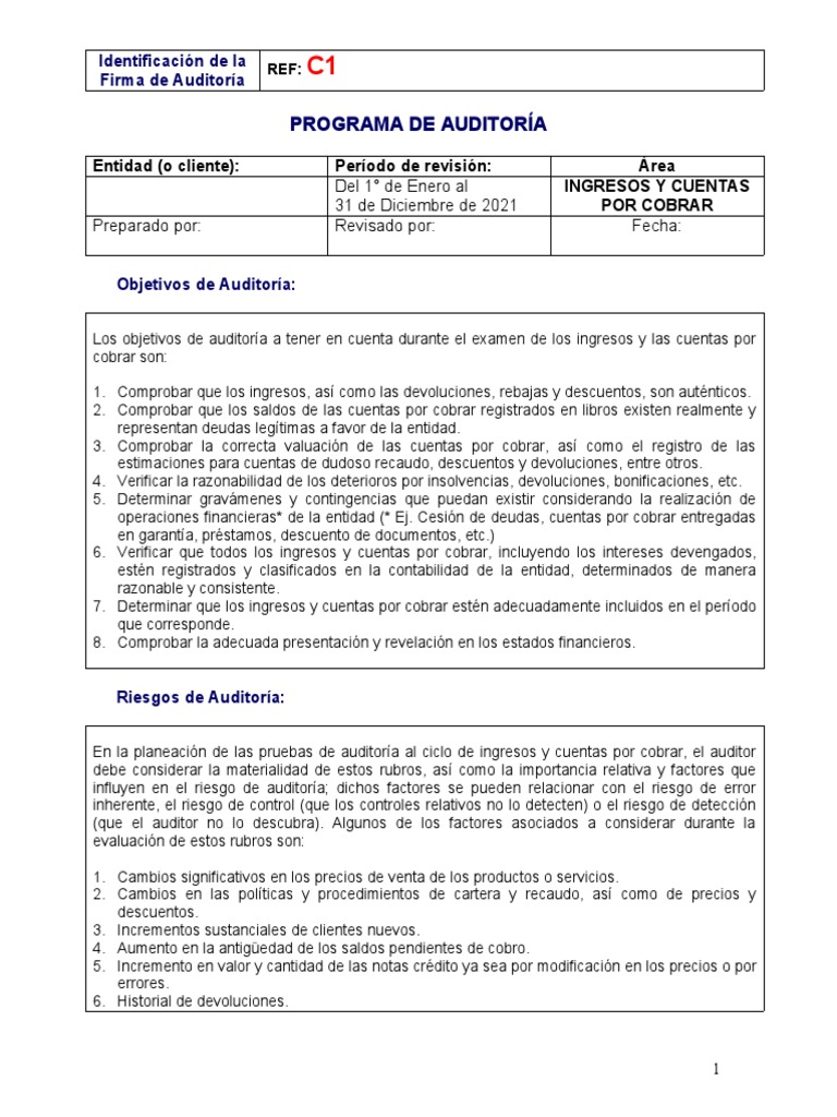 Programa de Auditoria Ingresos y Cuentas Por Cobrar | PDF | Auditoría ...