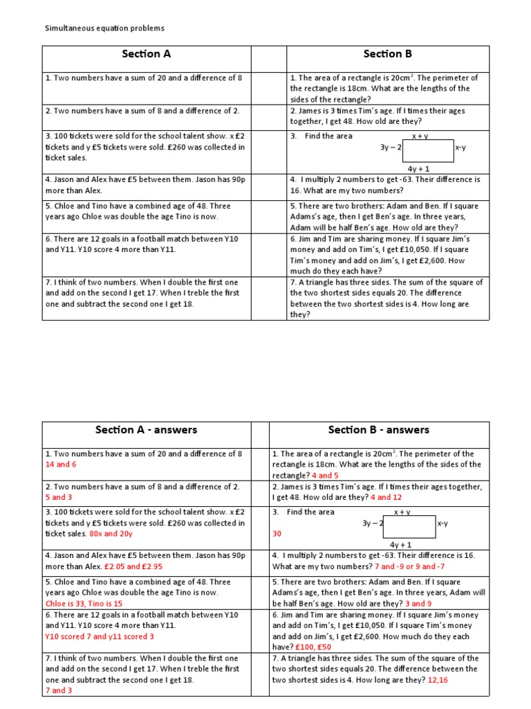 Worded simultaneous equations pdf area geometric shapes