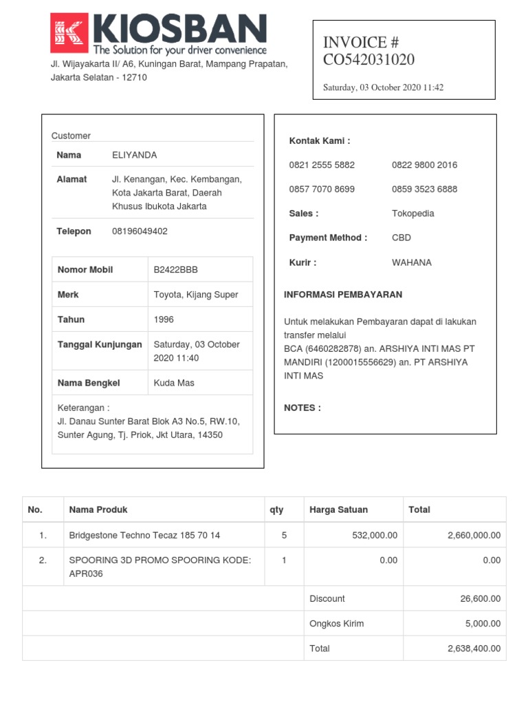Invoice untuk Pemeliharaan Mobil | PDF