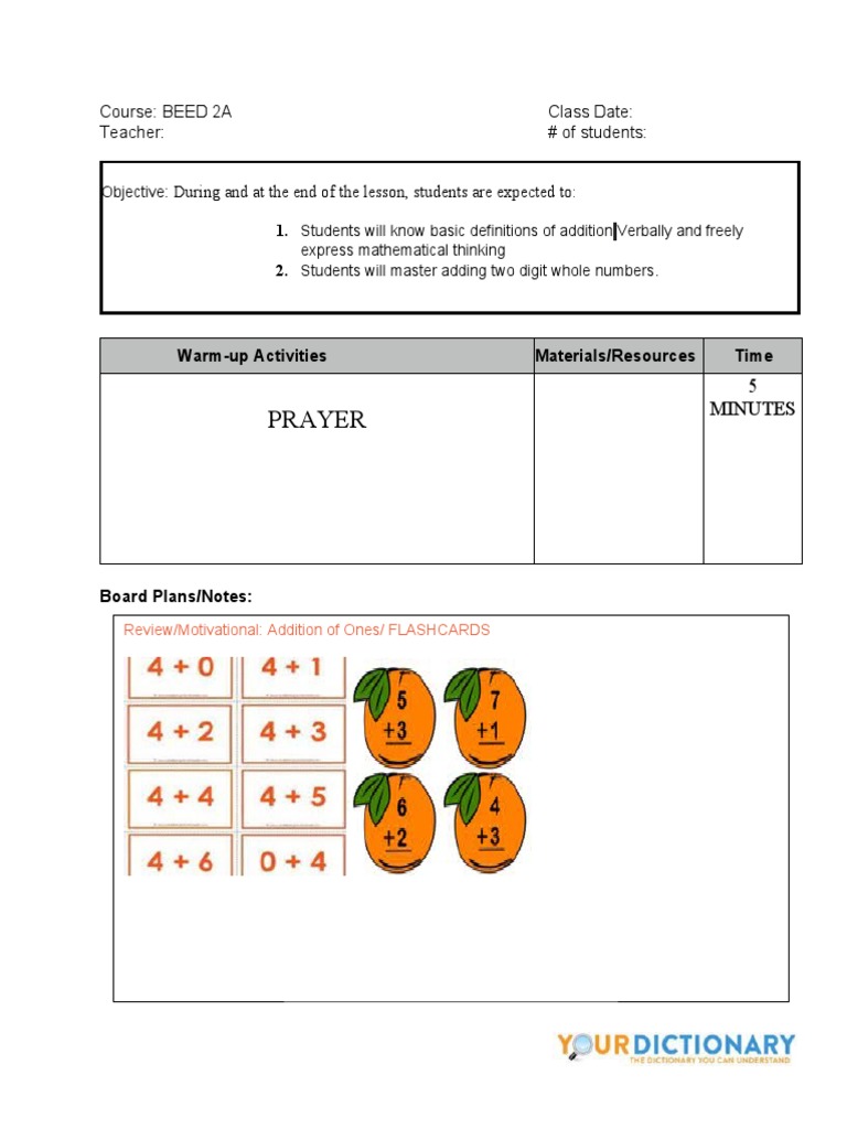 Lesson Plan # 2 Adding Two Digit Whole Numbers | PDF | Communication ...