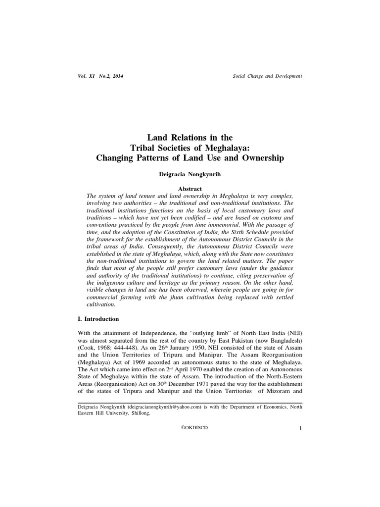 Land Relations in The Tribal Societies of Meghalaya Changing Patterns of Land Use and Ownership