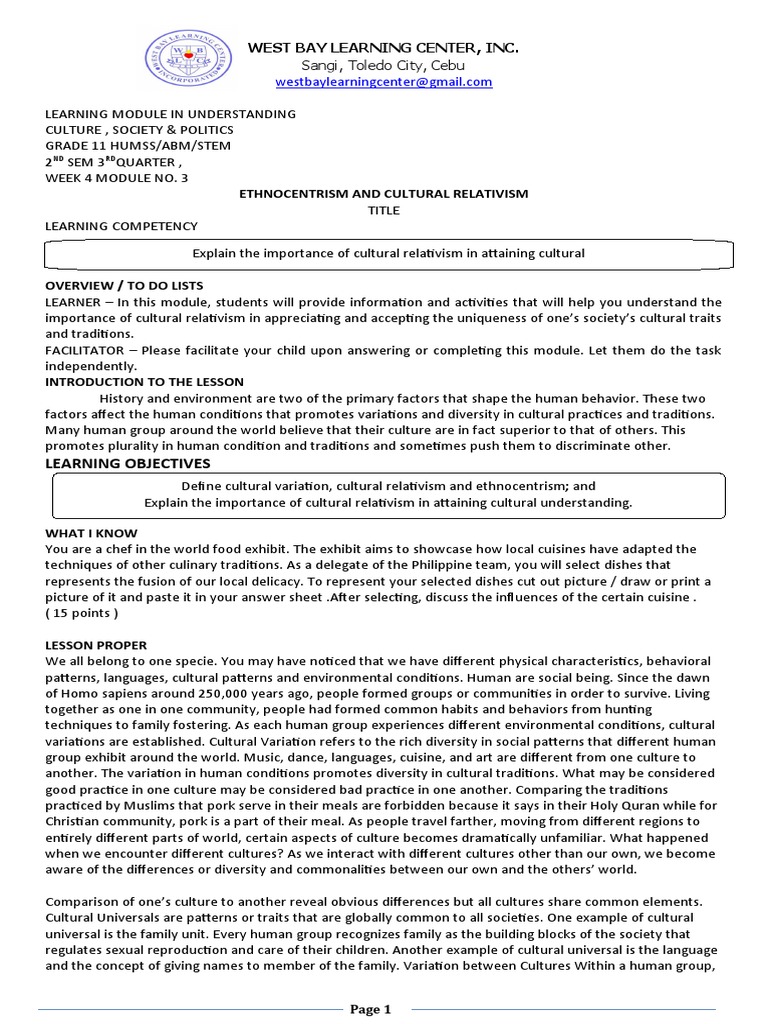 Learning Objectives West Bay Learning Center, Inc PDF Learning