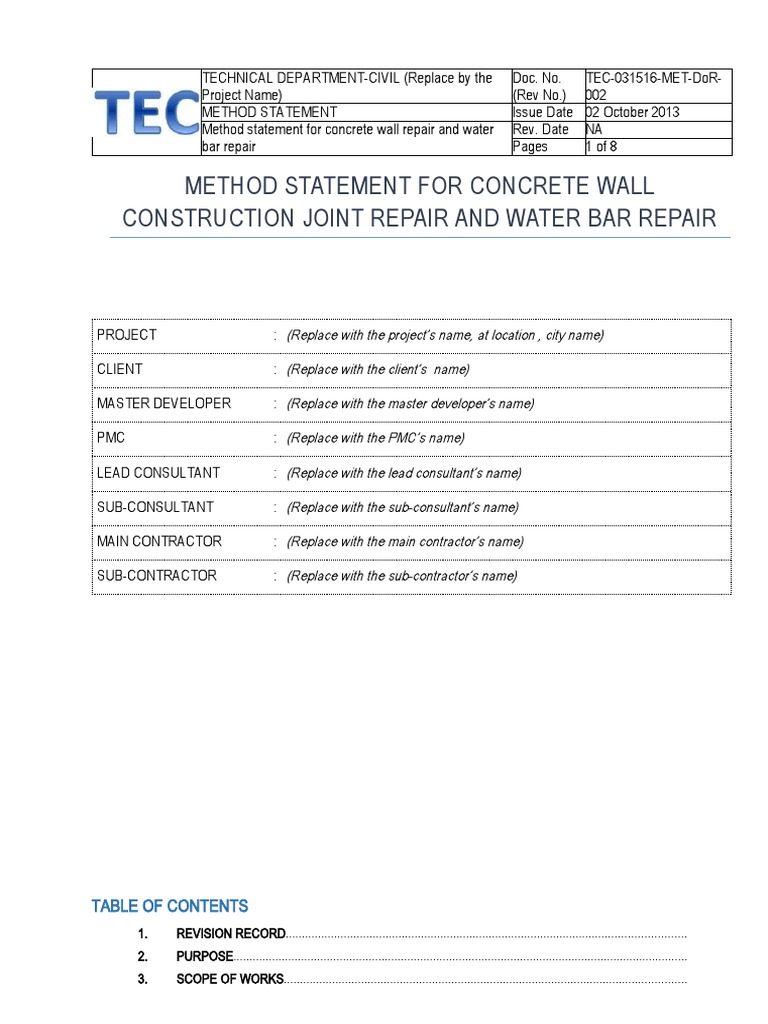 Concrete Wall Repair Method Statement | PDF | Concrete | Economic Sectors