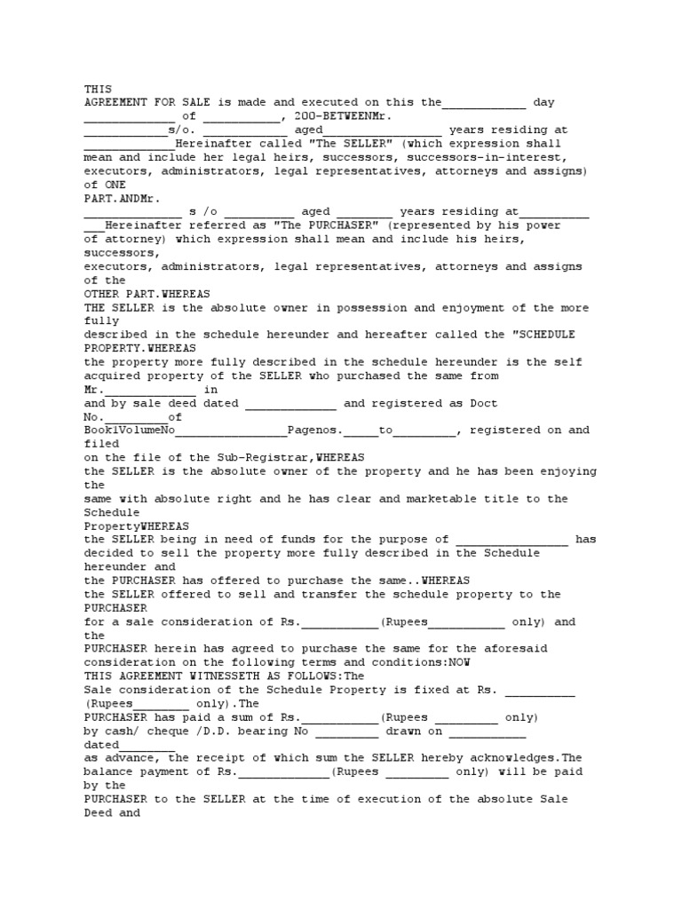Agreement For Sale PDF Deed Sales