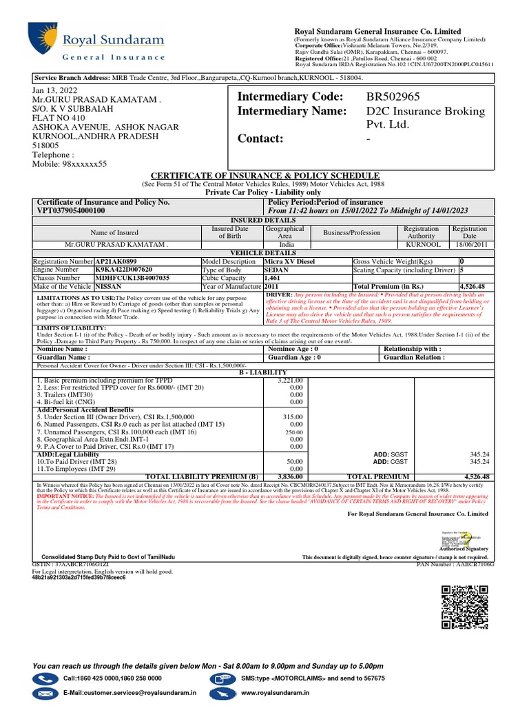 Intermediary Code: Intermediary Name: Contact:: BR502965 D2C Insurance ...
