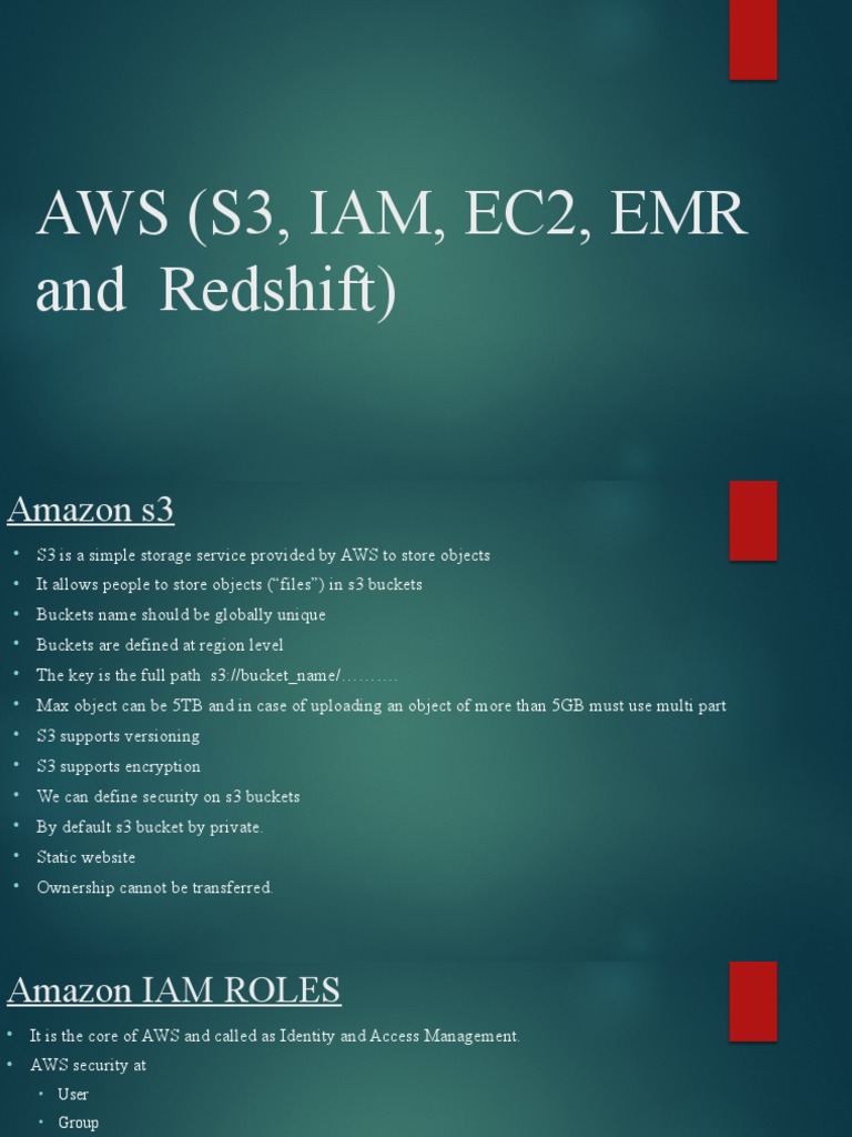 Aws (S3, Iam, Ec2, Emr and Redshift) PDF Databases Computer Cluster