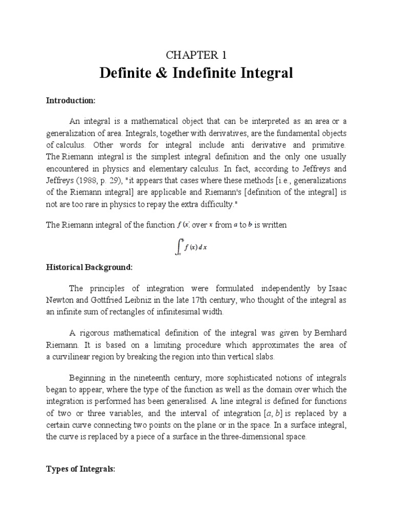 CHAPTER 1 Indefinite & Definite Integral | PDF | Integral | Calculus