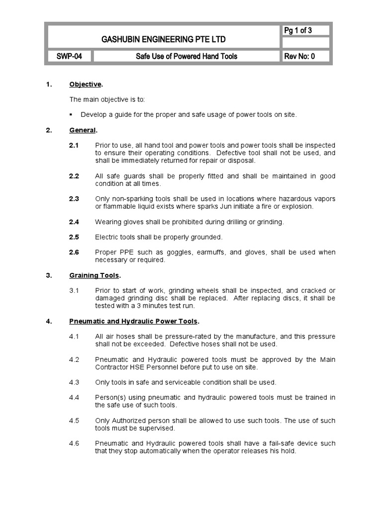 SWP-04 Safe Use of Powered Hand Tools | PDF | Safety | Manufactured Goods