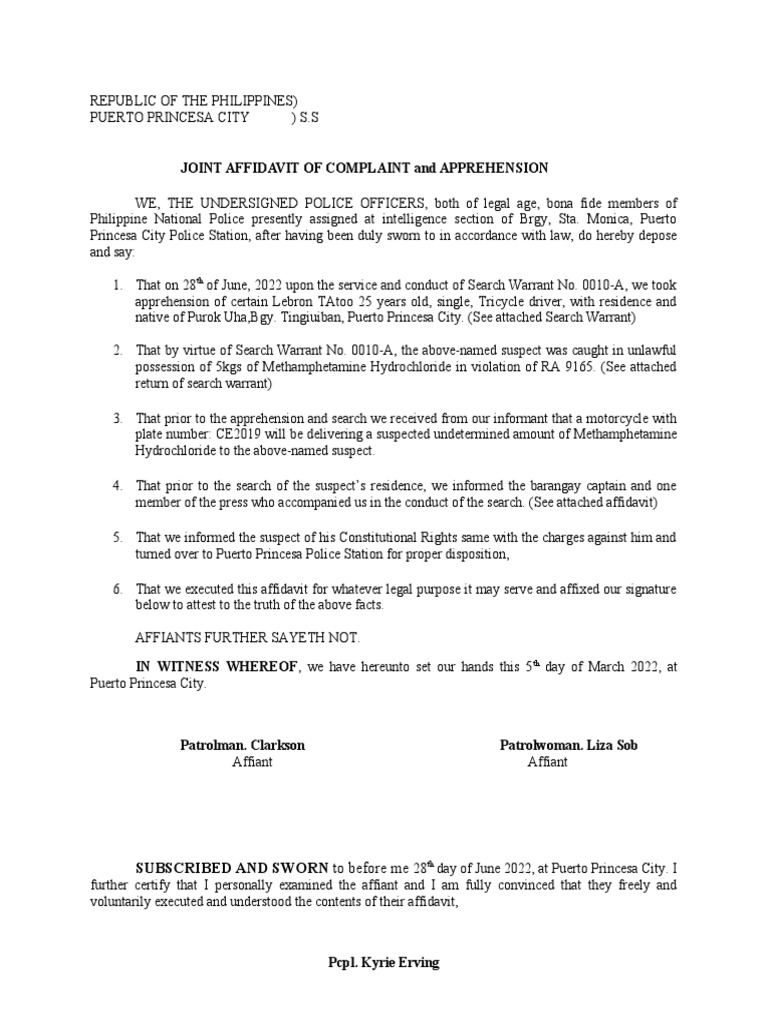 Joint Affidavit of Complaint and Apprehension | PDF