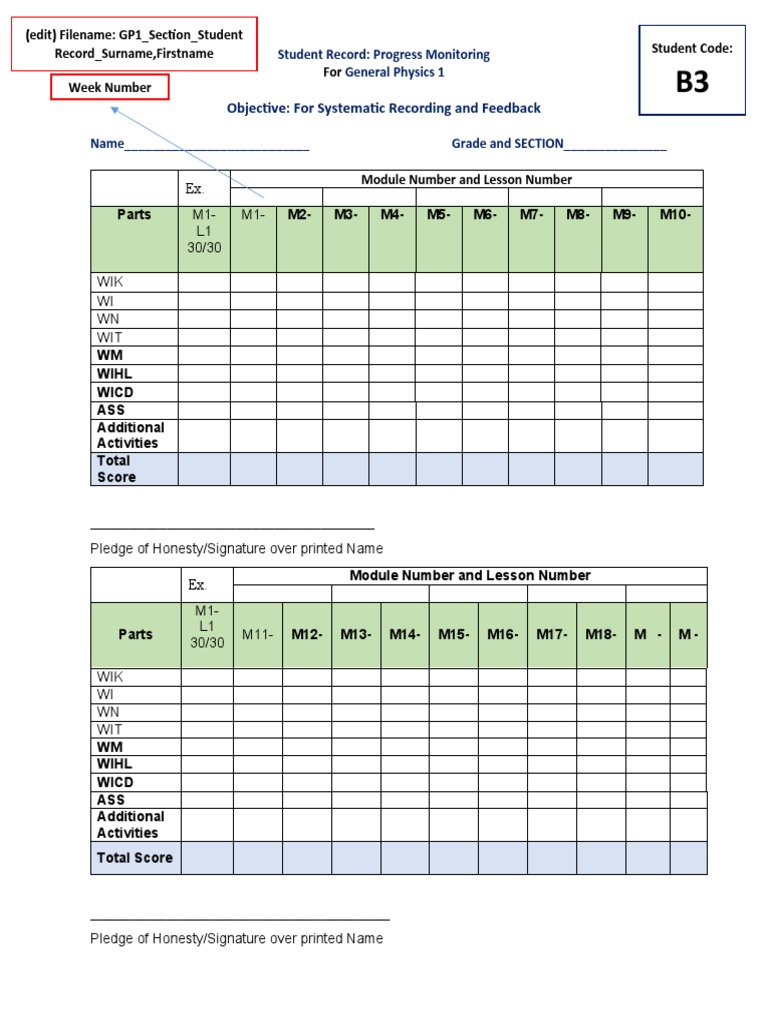 Objective: For Systematic Recording and Feedback: Student Record ...