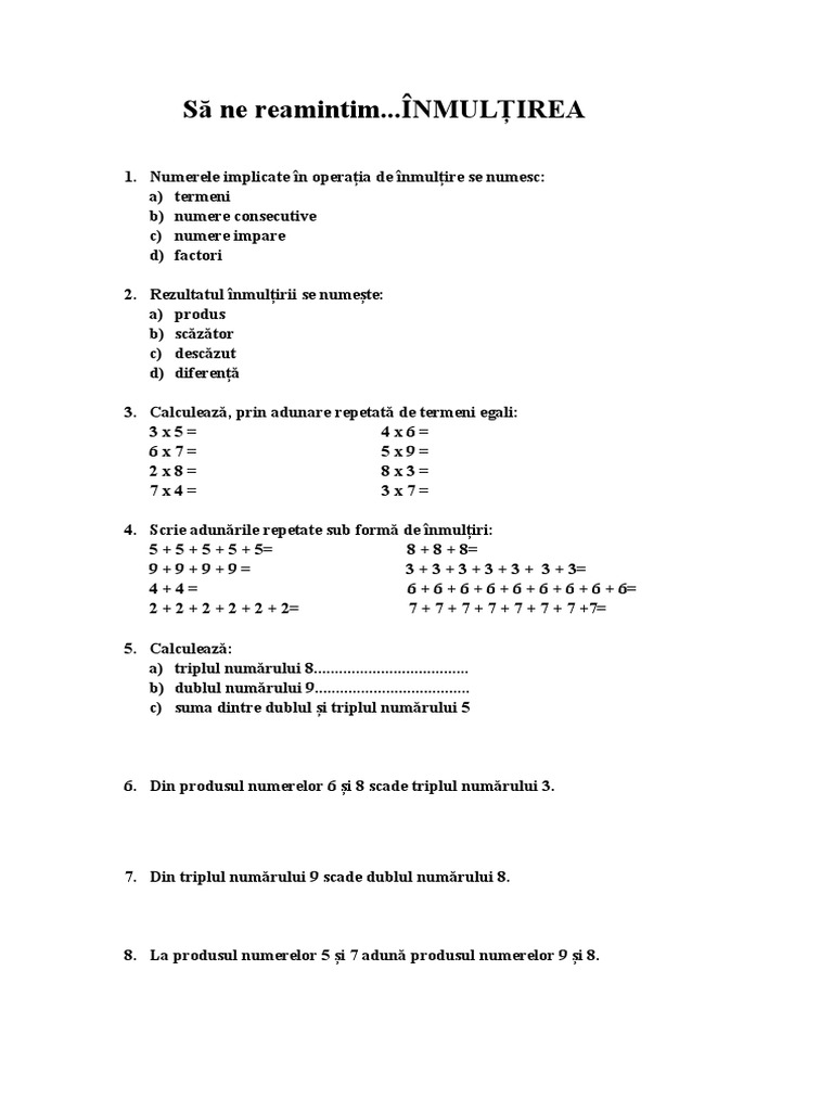 Inmultirea Fisa de Lucru | PDF