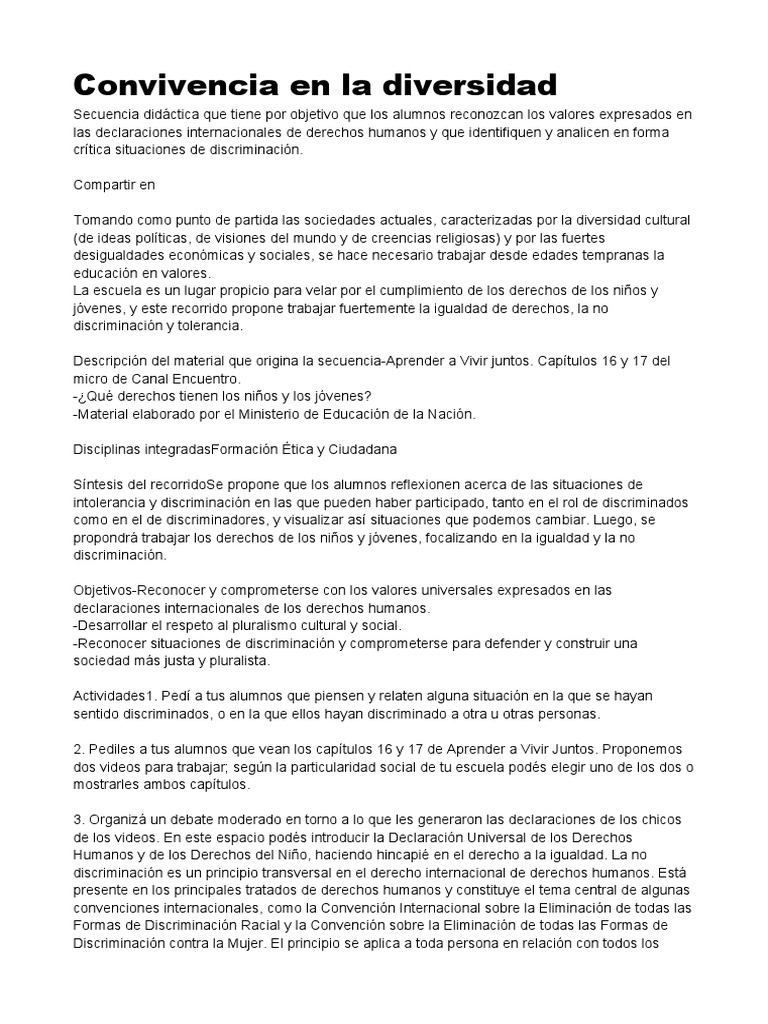 Convivencia En La Diversidad Pdf Discriminación Derechos Humanos