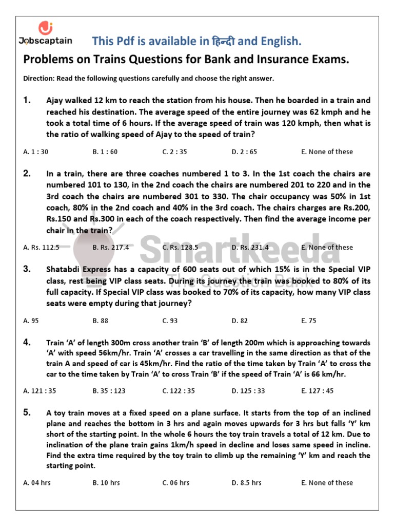 Train Problems for Bank Exams | PDF | Speed | Train