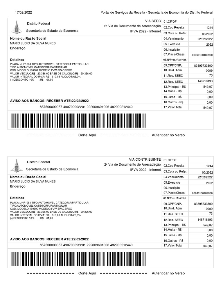 2ª Via do Documento de Arrecadação IPVA | PDF | Brasil