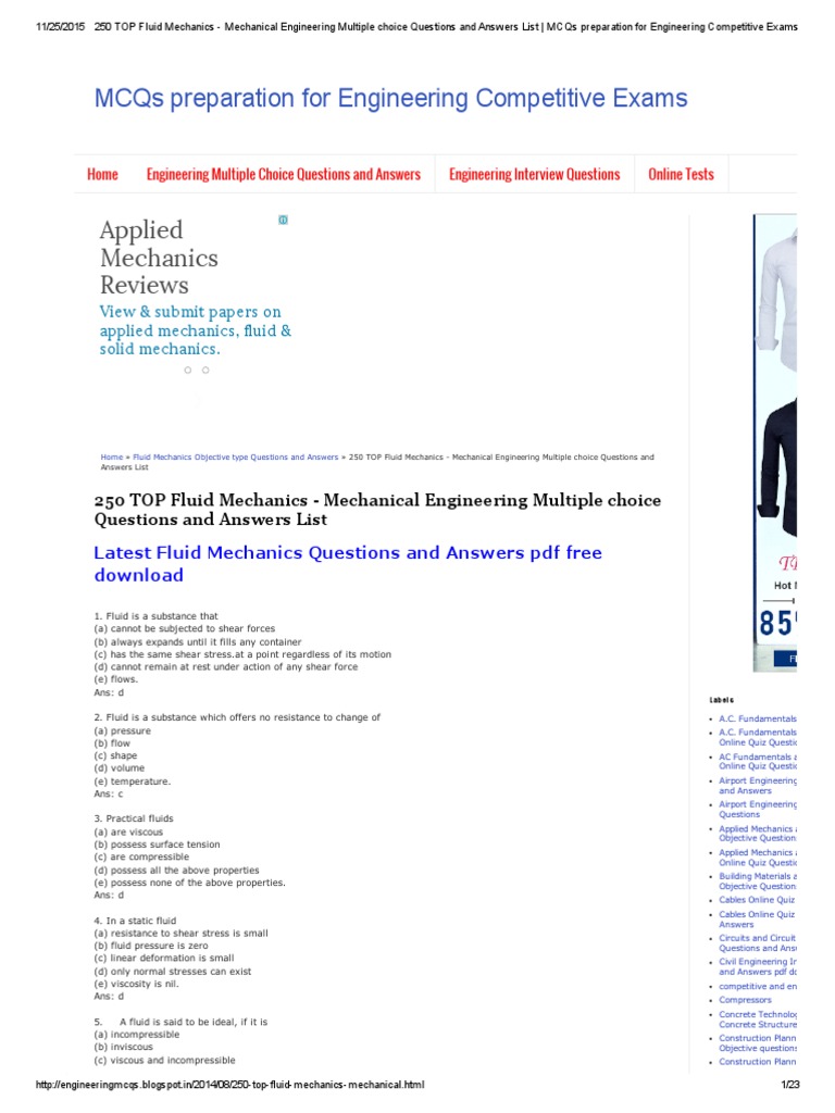 250 TOP MCQ Fluid Mechanics Mechanical Engineering Multiple Choice