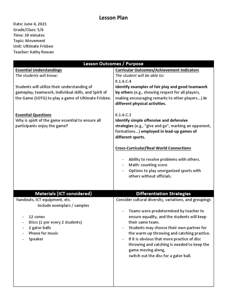 Lesson Plan Ultimate Frisbee PDF