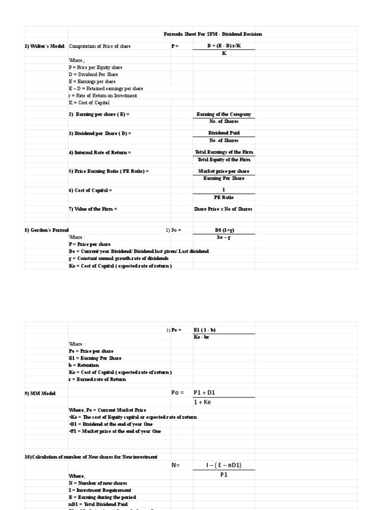SFM Dividend Decision Formula Sheet | PDF | Cost Of Capital | Dividend