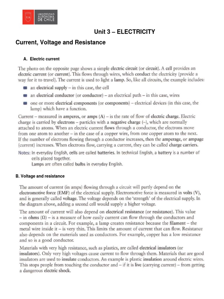 Unit 3 - Electricity Current, Voltage and Resistance | PDF