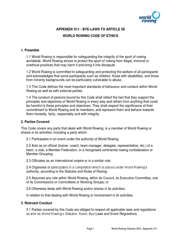 2021 World Rowing Code of Ethics PDF Sexual Harassment Conflict Of Interest