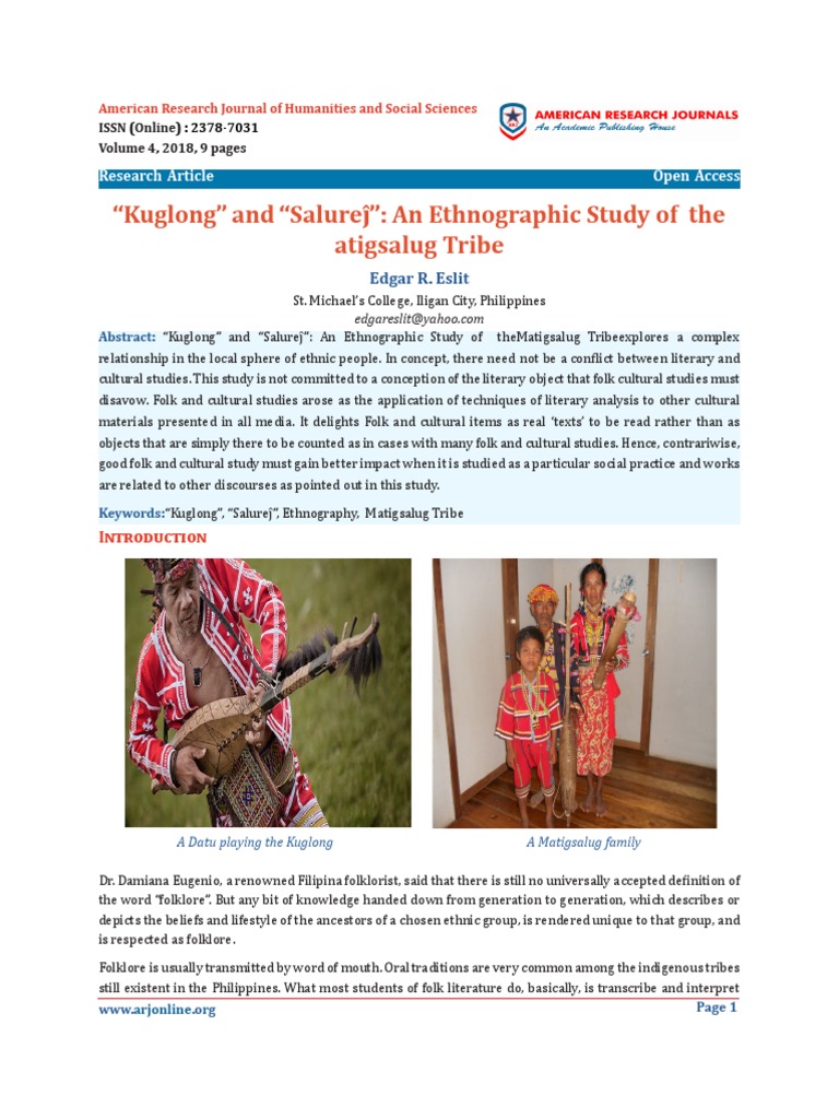 Ethnographic Study of Matigsalug Tribe PDF Folklore Narrative