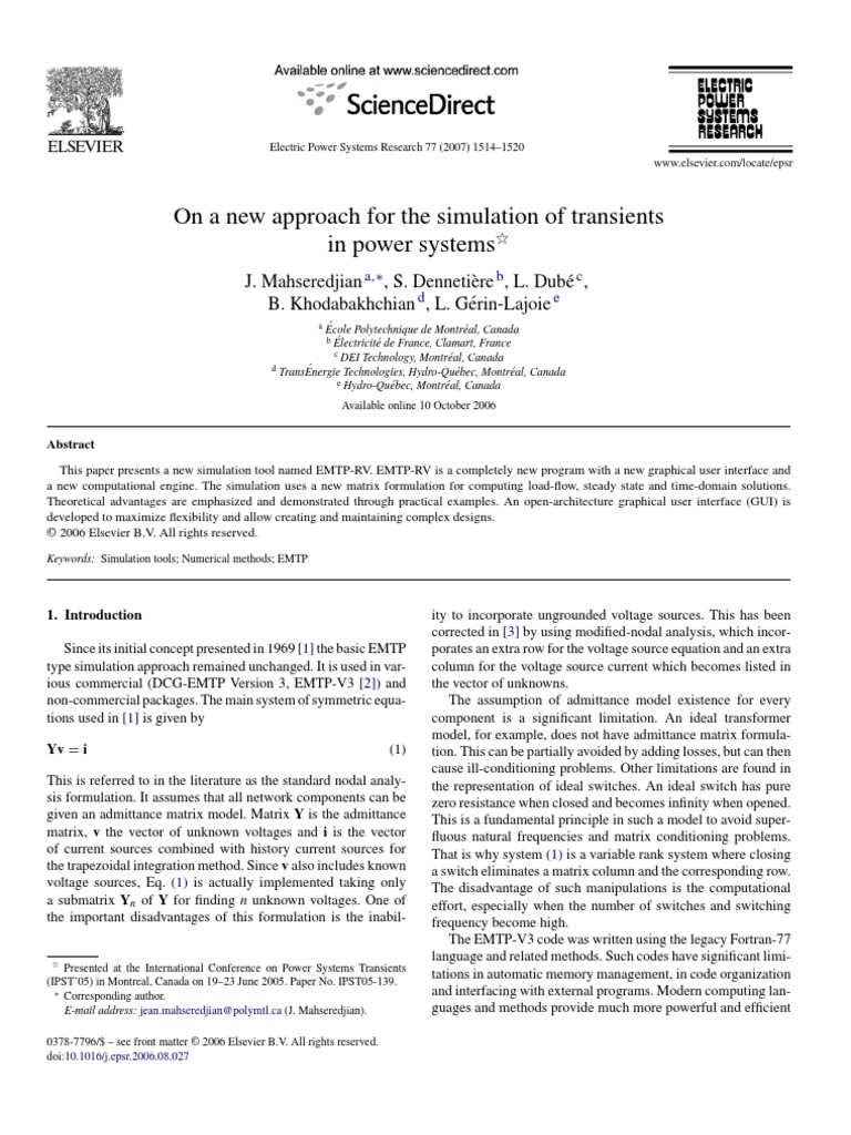 On A New Approach For The Simulation of Transients in Power Systems ...