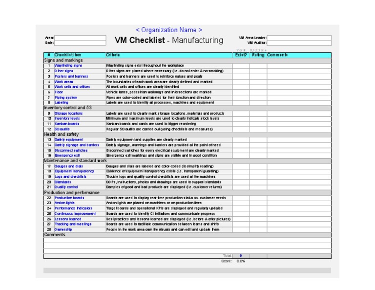 VM Checklist for Manufacturing Standards | PDF | Business