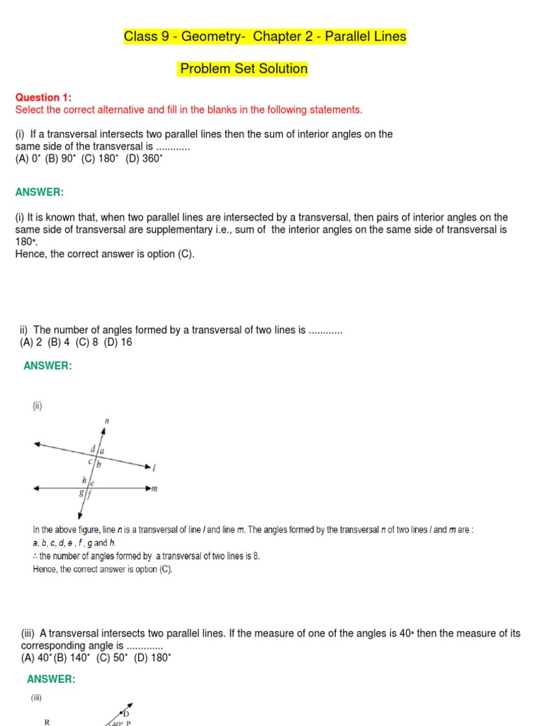 Class 9 - Geometry - Chapter 2 - Parallel Lines - Problem Set Solution ...