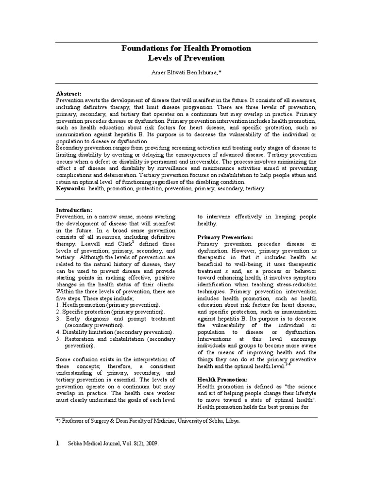 Foundations For Health Promotion Levels of Prevention Abstract PDF