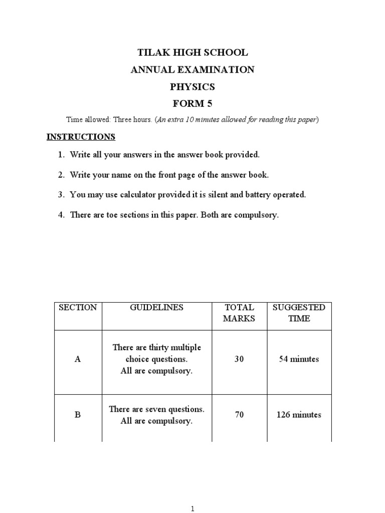 Tilak High School Annual Examination Physics Form 5 Instructions PDF