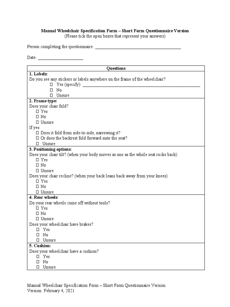 Manual Wheelchair Specification Form Short Form Questionnaire Version