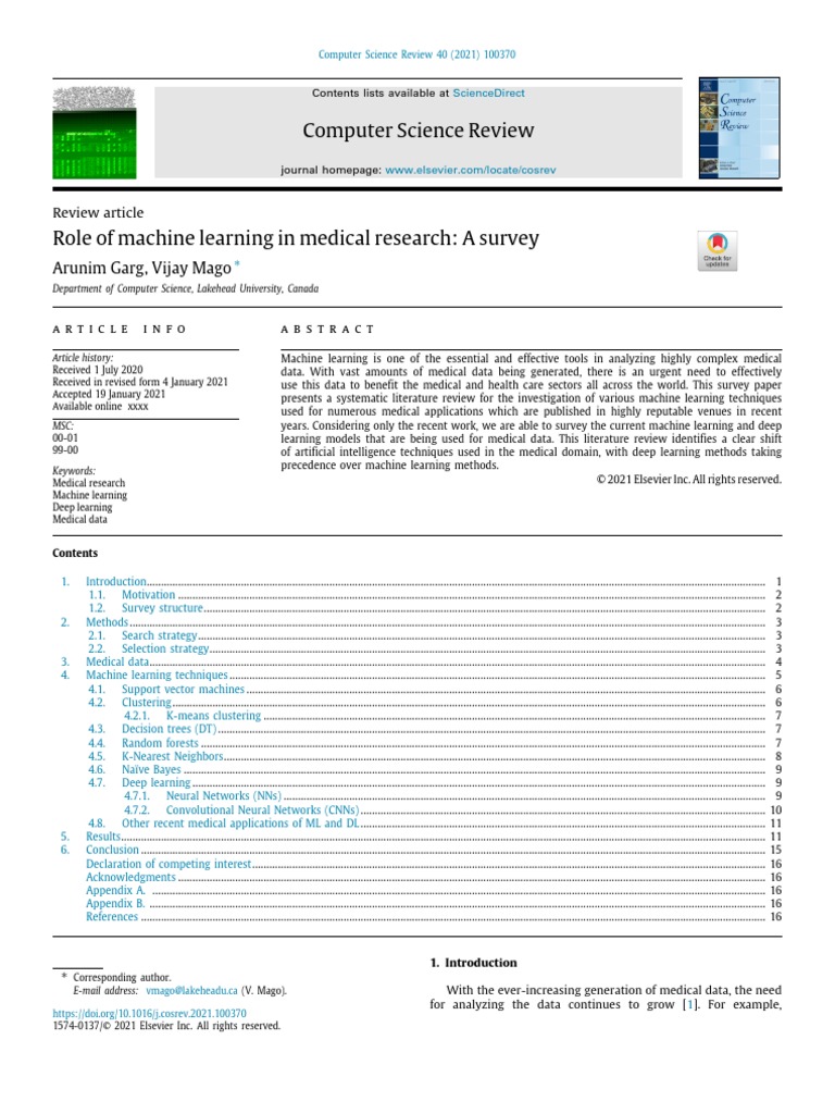 Computer Science Review: Arunim Garg, Vijay Mago | PDF | Machine ...