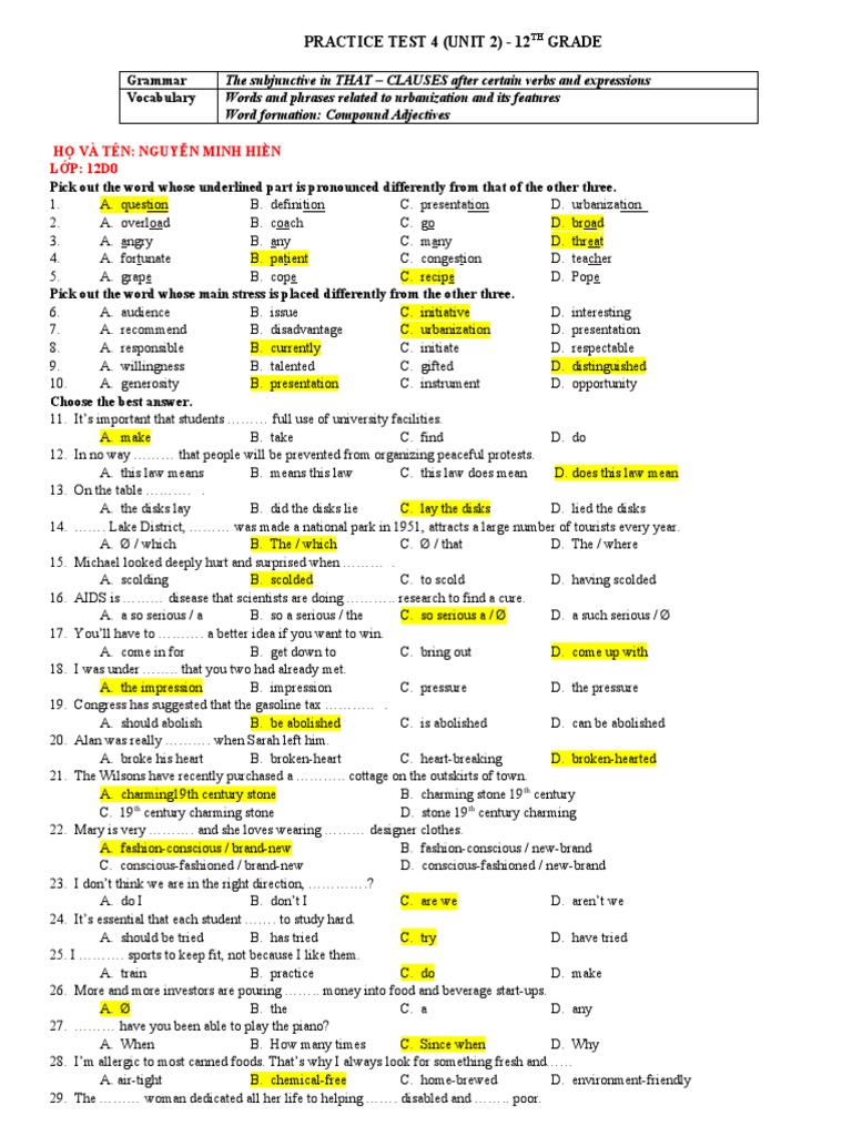 12th Grade Grammar & Vocabulary Practice Test | PDF | Commuting | Sparta