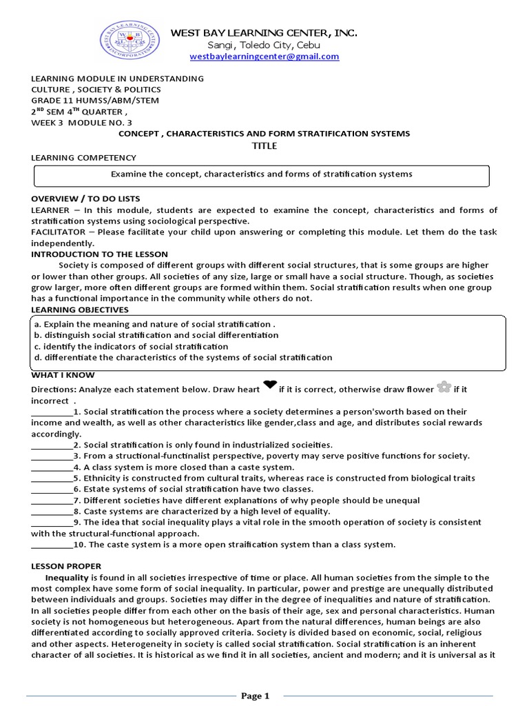 Title West Bay Learning Center, Inc PDF Social Status Social