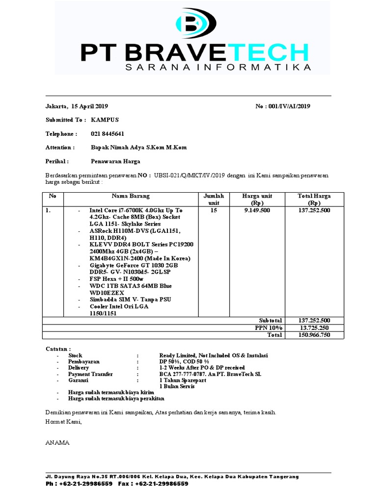 Contoh Penawaran PC Rakitan | PDF