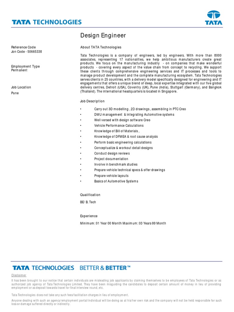 Design Engineer Job Description at Tata Technologies Focusing on 3D