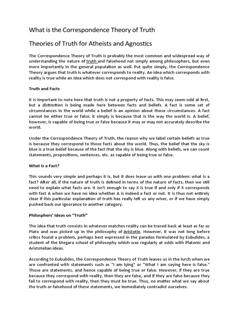 Correspondence Theory of Truth PDF Truth Theory