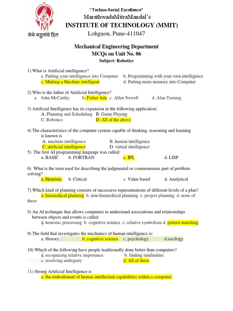 MCQ Unit 6 PDF Artificial Intelligence Intelligence (AI) & Semantics