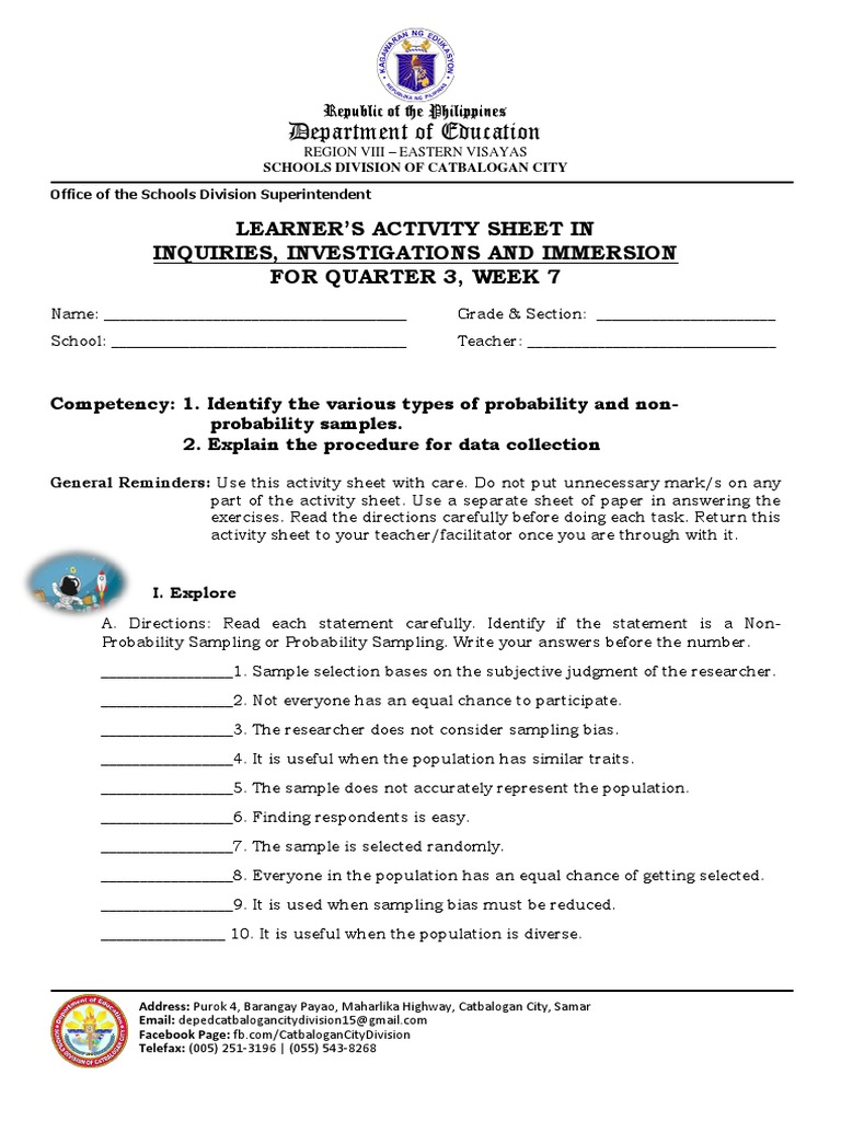 Learner's Activity Sheet: Sampling Methods | PDF | Sampling (Statistics ...