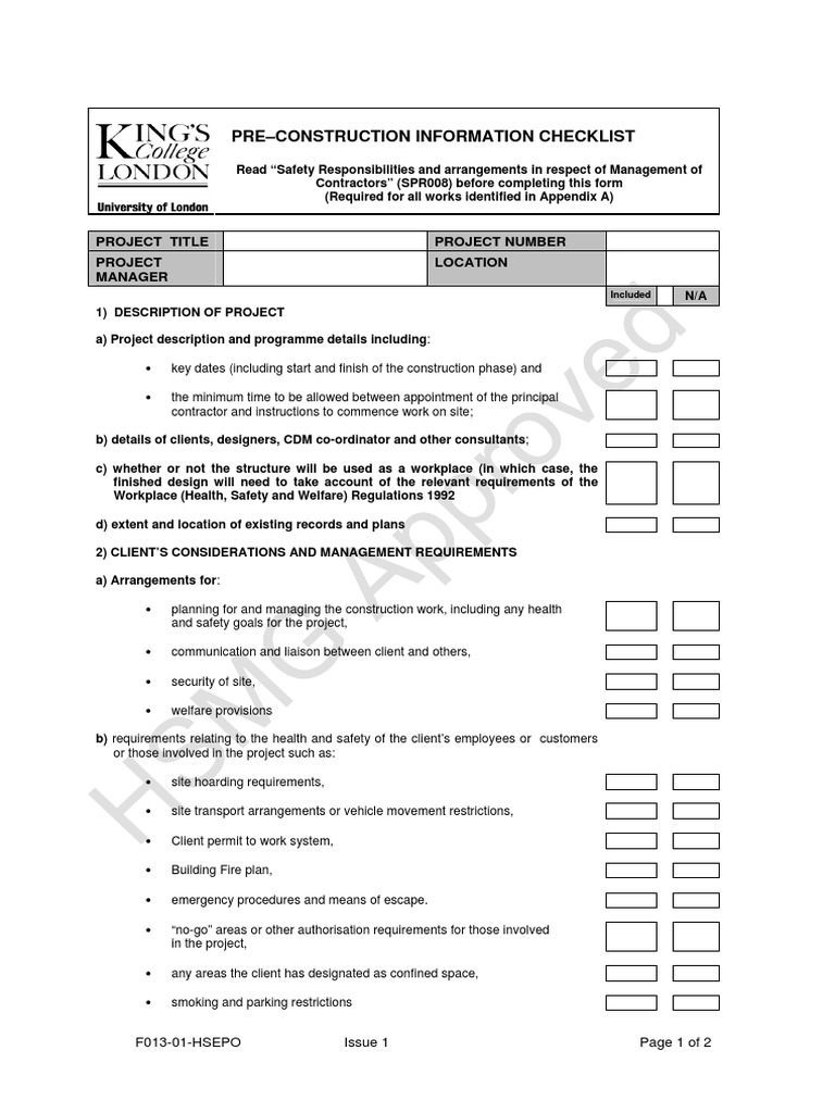 Pre-Construction Information Checklist: Project Title Project Number ...