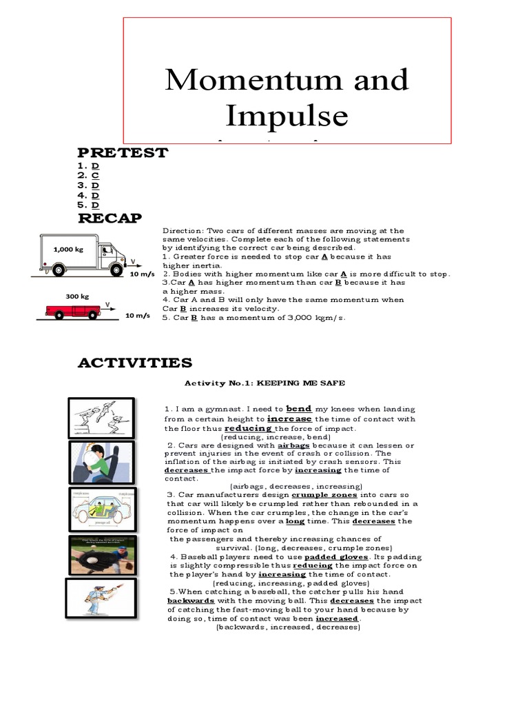 Momentum and Impulse in Action Pretest PDF Airbag Momentum