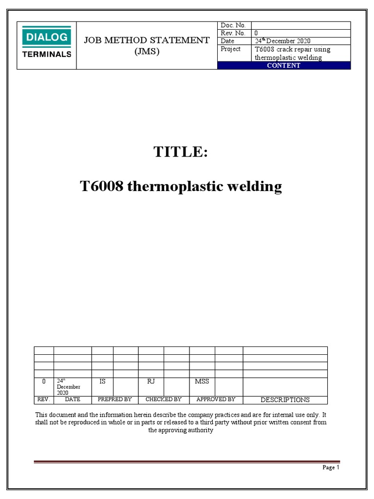 Title T6008 Thermoplastic Welding Job Method Statement (JMS