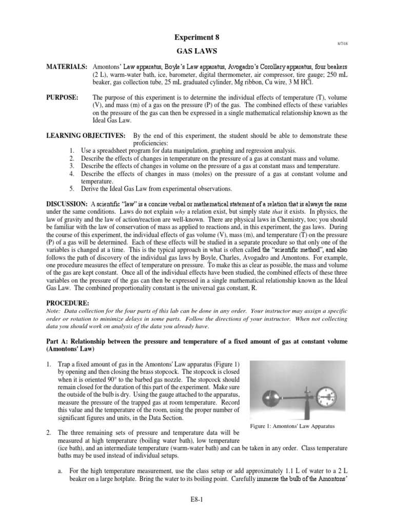 Experiment 8 Gas Laws Figure 1 Amontons' Law Apparatus PDF Gases